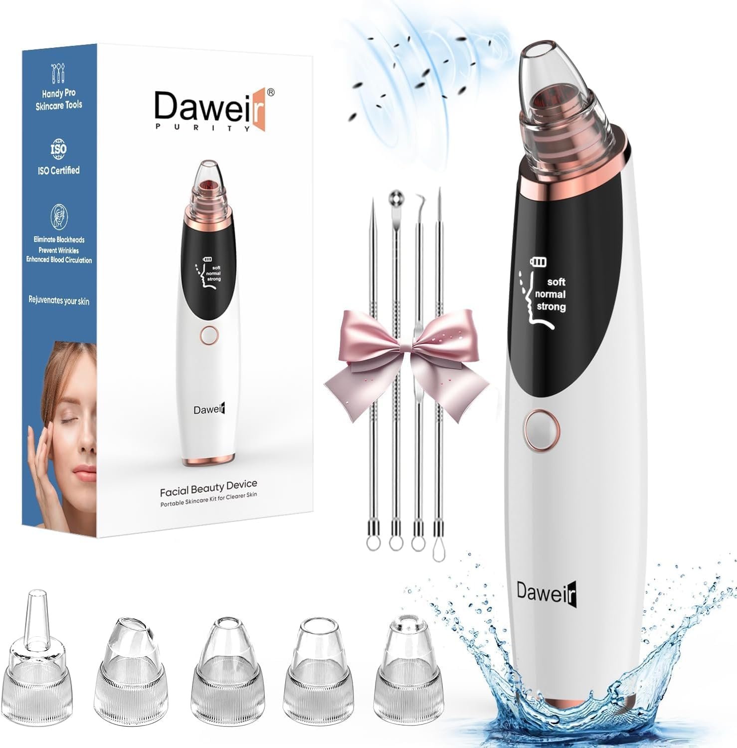 Blackhead Remover Pore Vacuum for Face and Nose, Facial Pore Cleanser with 3 Suction Levels, 5 Replaceable Tips, USB Rechargeable Tool for Blackheads and Whiteheads（White）
