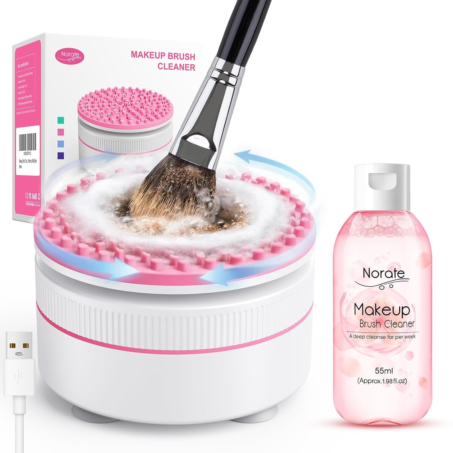 Electric Makeup Brush Cleaner Machine & Deep Cleaning Solution Set, Automatic Spinning Washer with 1.98 Fl.Oz Cruelty-Free Shampoo, Quickly Removes Residue, Ideal Gifts for Women, Makeup Lover