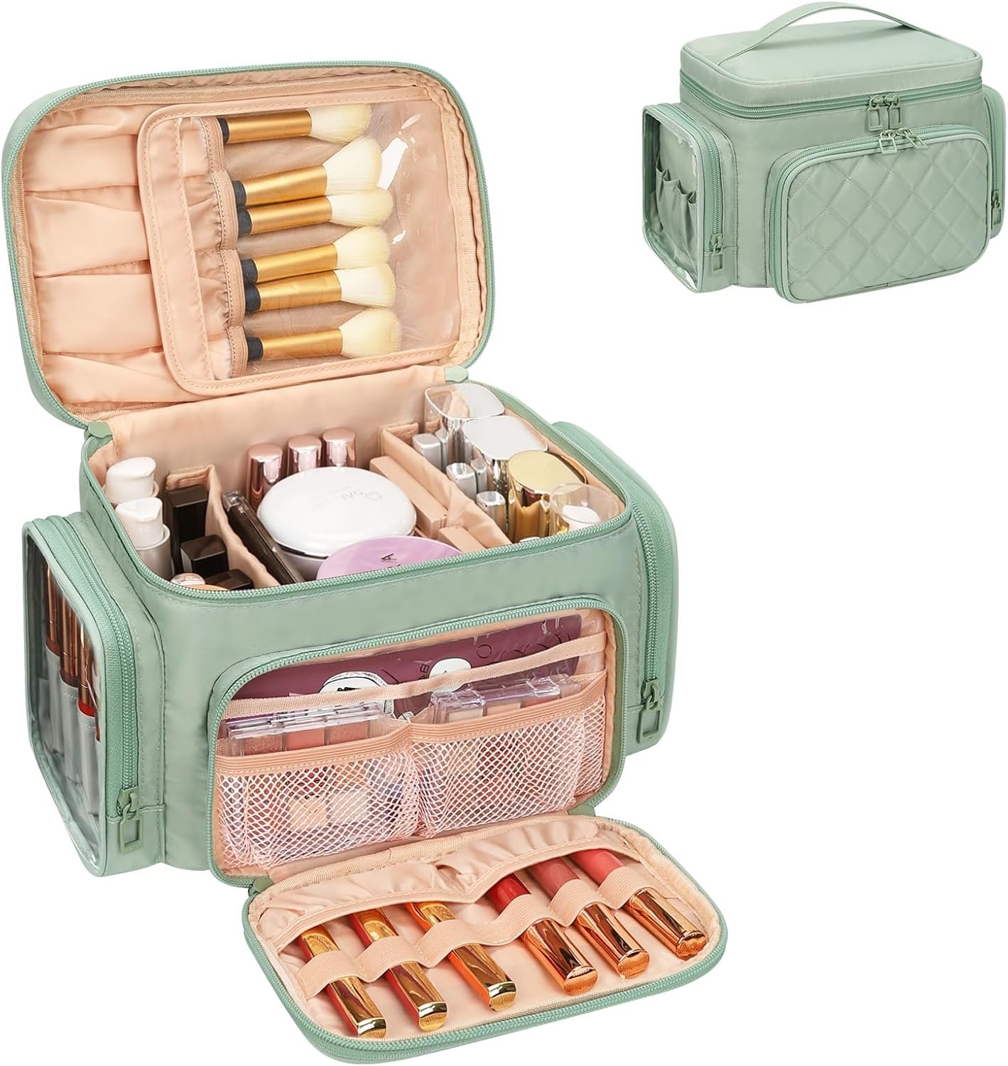 Bagmoly Large Makeup Bag, Portable Travel Makeup Bag Organizer for Women Girls with Makeup Brush Compartment & Two Side Pockets, Cosmetic Travel Bag Vertical Storage Toiletry – Green