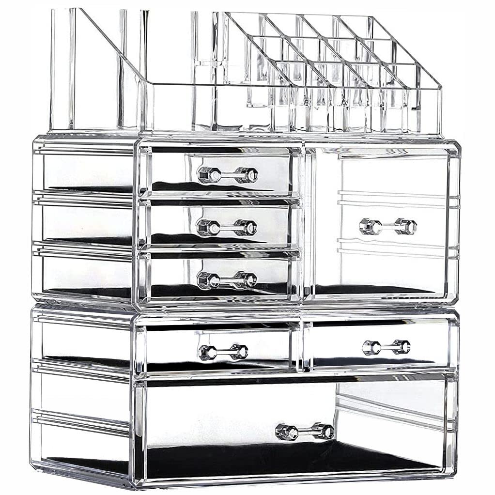 Clear Acrylic Makeup Organizer for Vanity,Countertop,Stackable 7 Drawers Bathroom Skincare Organizer with Brush Holder,Large Skin Care Organizer for Jewelry,Beauty Product Lipsticks,Nail Polishes