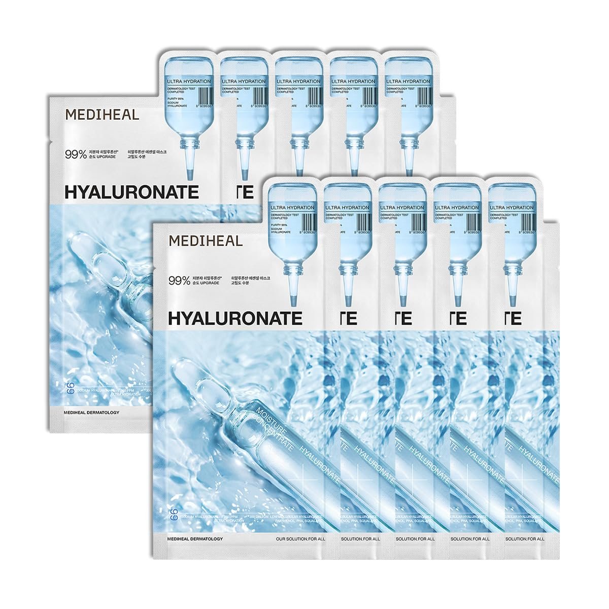 Mediheal Essential Face Mask [Hyaluronic Acid] Ultra Hydration 10 pcs. with 98% Purity Hyaluronic Acid for long-lasting, deep hydration, Moisture Barrier – Travel Size, Vegan Formula Korean Sheet Mask