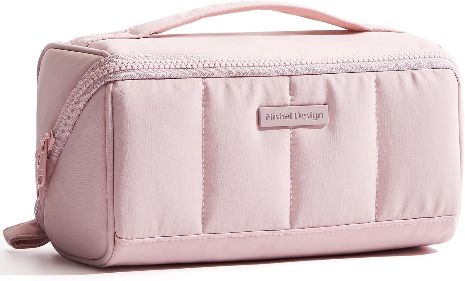 NISHEL Travel Makeup Bag for Women, Fluffy & Lightweight Open Flat Cosmetic Organizer with Multiple Functional Divider for Brush Independent Storage, Handle for Easy Portability, Pink