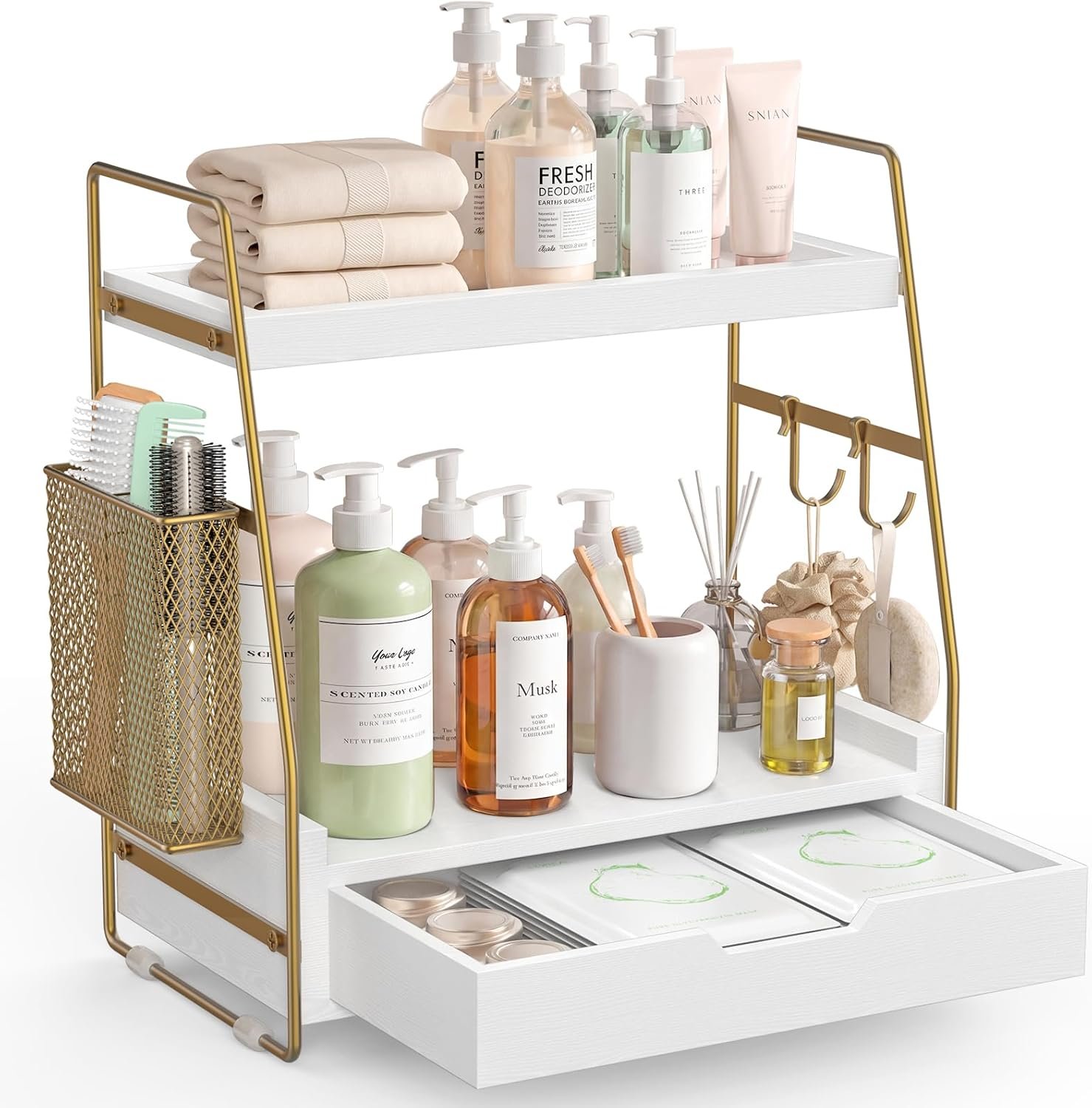 2-Tier Bathroom Counter Organizer with Drawer and Removable Basket, Wood Vanity Countertop Storage for Perfume, Makeup, Skincare, Bathroom Counter Shelf, 13″ x 7.9″ x 14.5″, White Gold