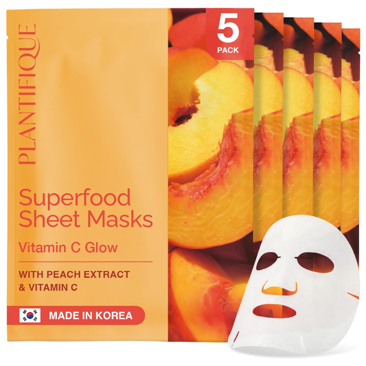 PLANTIFIQUE Facial Sheet Mask Vitamin C Glow 5 Pack – Rejuvenating & Glowing Face Mask Sheets Pack with Peach & Vitamin C – Korean Skincare for Dull Skin