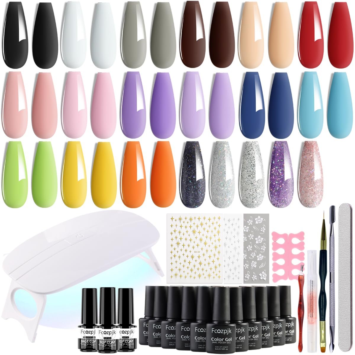 Fcozpjk Gel Nail Polish Set With UV Light, 20 Pcs Nude Pink Blue Black White Gel Nail Polish Kit With Base Gels Top Coat and Nails Art Stickers Soak Off Sparkle Glitter Polishes Home Manicure