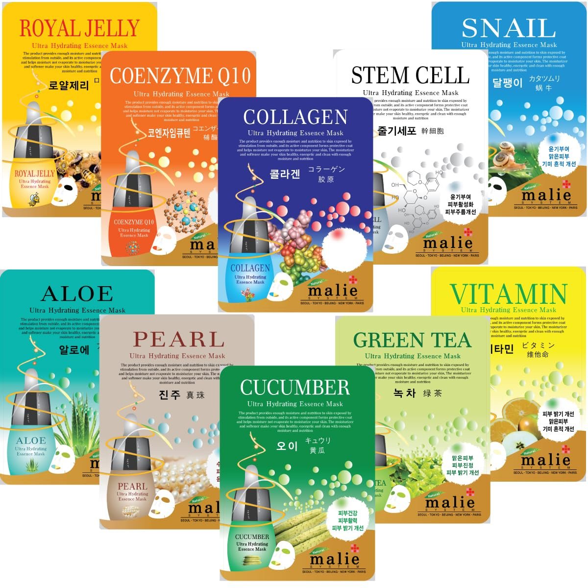 (OBS Lab) 10 Pcs-Combo Ultra Hydraiting Essence Mask (10 types x 1pcs), Korean Facial Mask Sheet, Skincare Moisturizing, Soothing Home Spa Trestment Masks