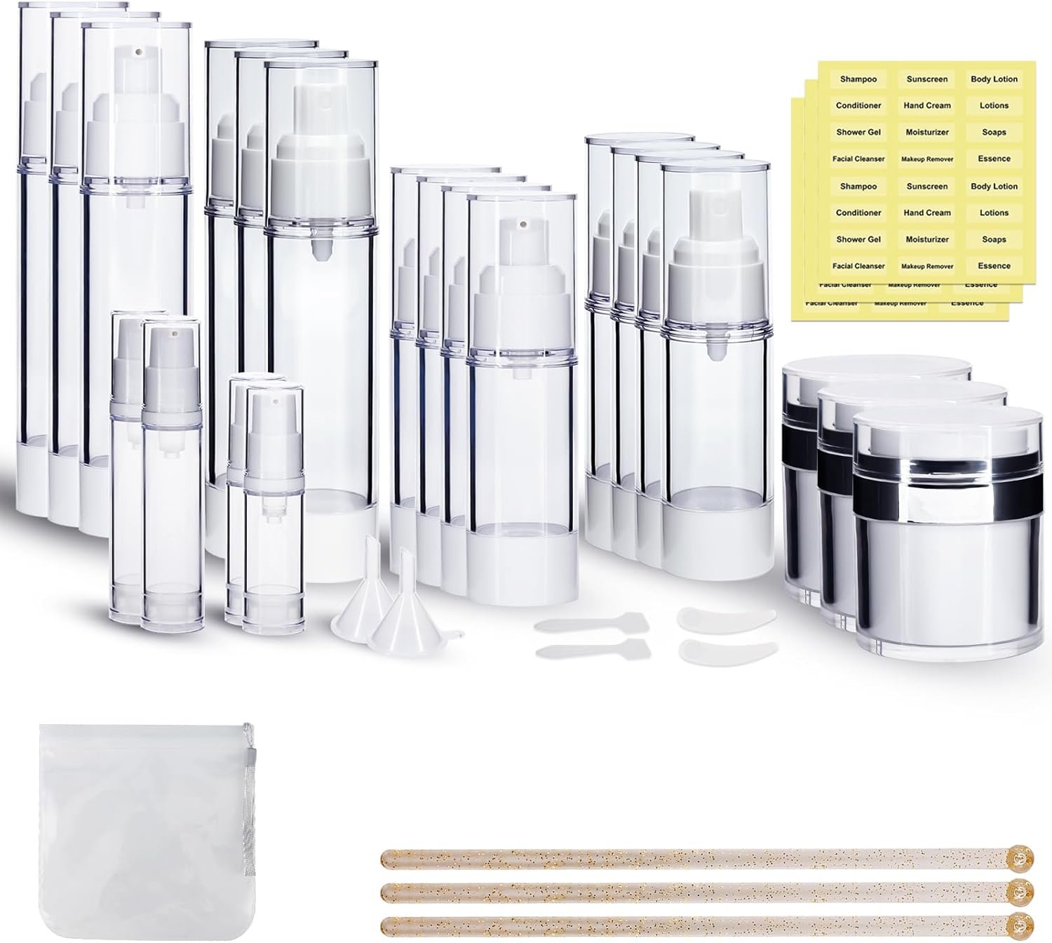 34 Pack Airless Pump Jars Set, 1.7/1/0.7/0.34oz Refillable Travel Size Containers, Leak-Proof Toiletry Bottles for Skincare and Creams, Lotion, Eye Cream, Liquid, Foundation, Shampoo