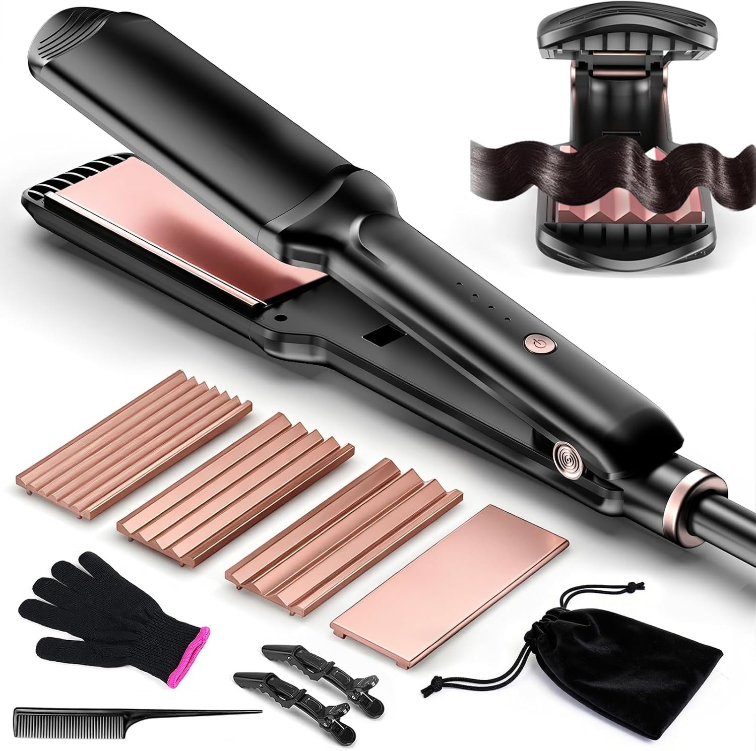 Hair Crimper Waver,Professional Women Hair Straightener Irons 4-in-1 Set Create Zig Zag Waves,Crimps Smooth Styles,Negative Ions Tourmaline Ceramic Plates Healthy Shiny Less Frizz,Styling Tools