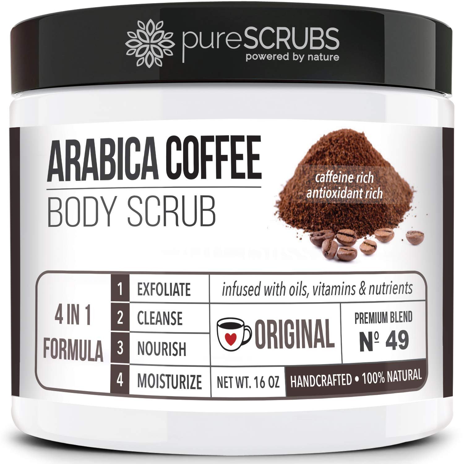 pureSCRUBS Premium Organic Arabica Coffee Body Scrub Set, Skin Smoothing Moisturizing Body Exfoliator – Includes Wooden Spoon, Loofah and Exfoliating Bar Soap – Large 16oz