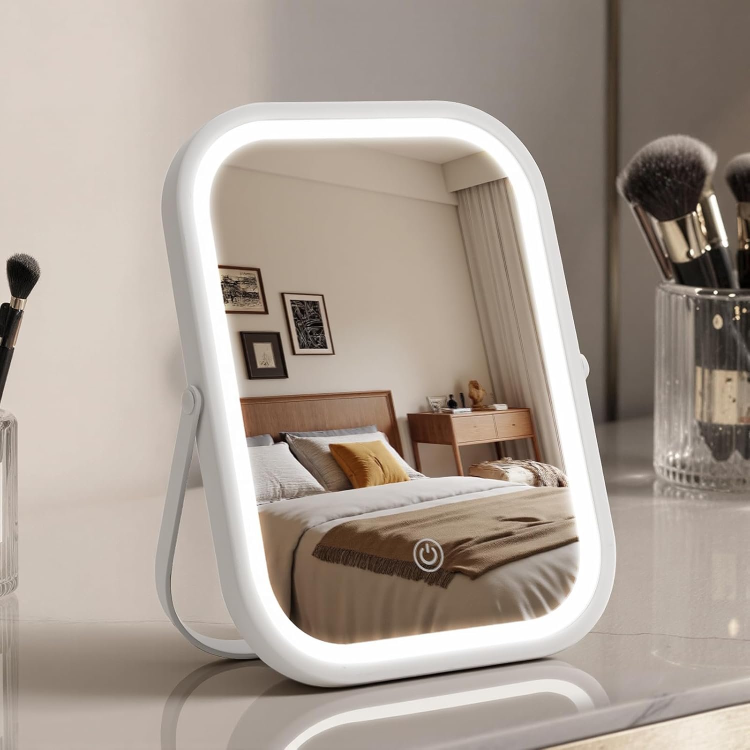 Rechargeable Travel Makeup Mirror, 8″×6″ Small Vanity Mirror with Lights, 1500mAH Battery, 3-Color Lighting, Dimmable, 360° Rotation, Portable Desk Mirror with Storage Pouch, Travel Essentials (White)