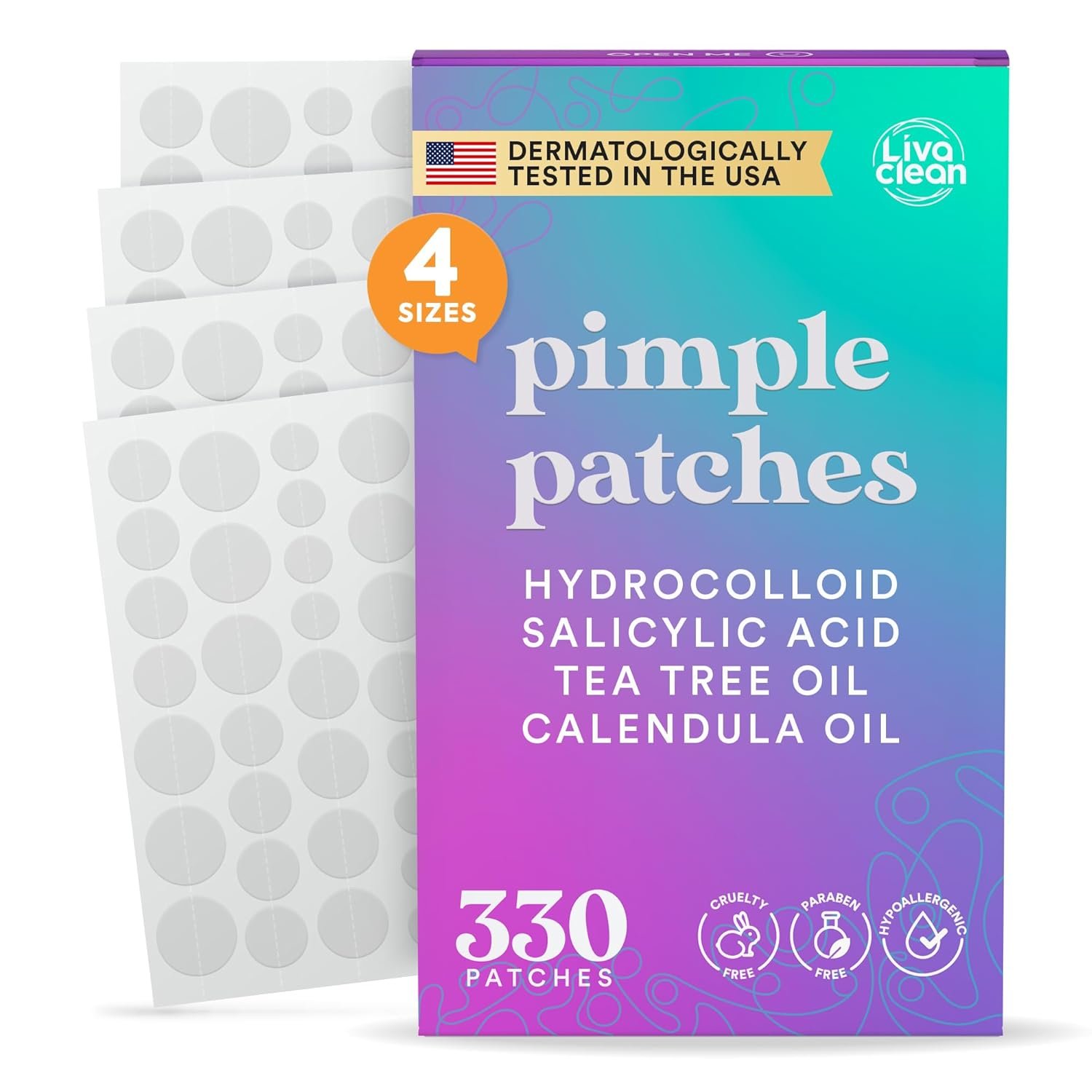 LivaClean 330 CT Pimple Patches for Face w/Salicylic Acid, Tea Tree Oil & Calendula Oil – Four Sizes – Pimple Patch, Hydrocolloid Patch, Acne Patches for Face