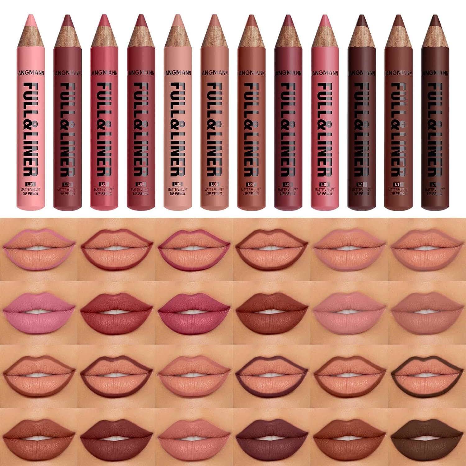 LANGMANNI 12Pcs Matte Velvet Lip Liner Pencil Set – Highly Pigmented, Smudge-Resistant Lip Pencils for Shaping & Contouring, Vegan & Cruelty-Free