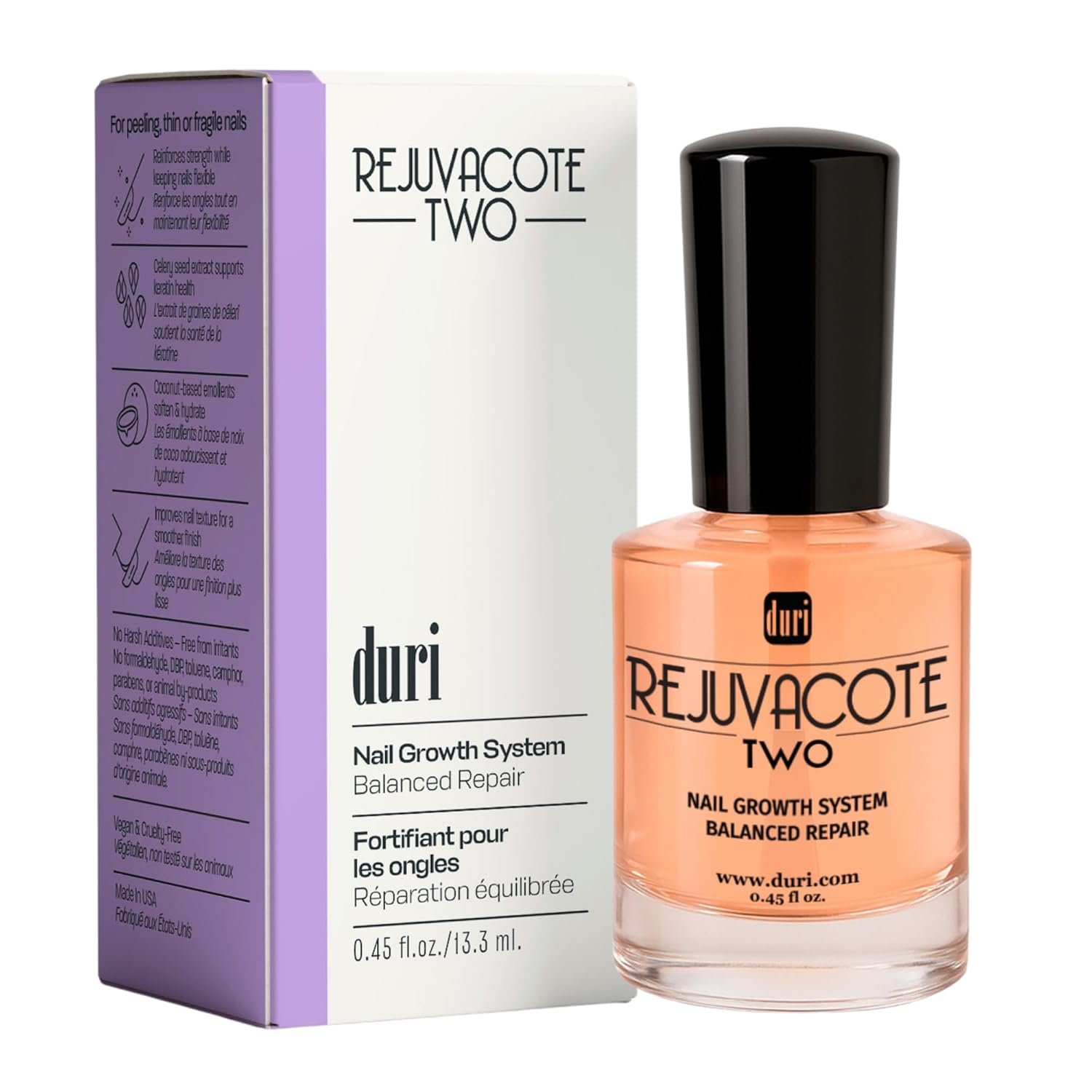 Duri Rejuvacote 2 Nail Growth Base and Top Coat, Balanced Repair – Nail Hardener for peeling, thin, or fragile nails (Pack of 1)