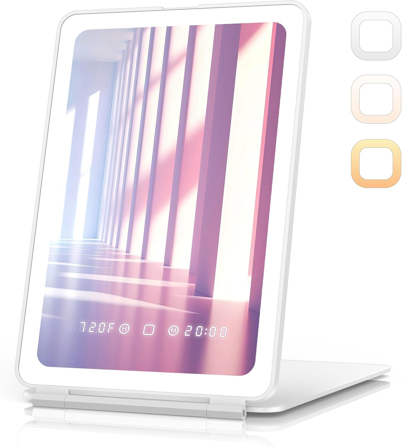 Travel Makeup Mirror with Time & Temperature Display, 2000mAh Rechargeable Battery, 7.5″ Portable Foldable Lighted Mirror with 148 Led Lights, 3 Color Lighting Modes, Touch Dimming