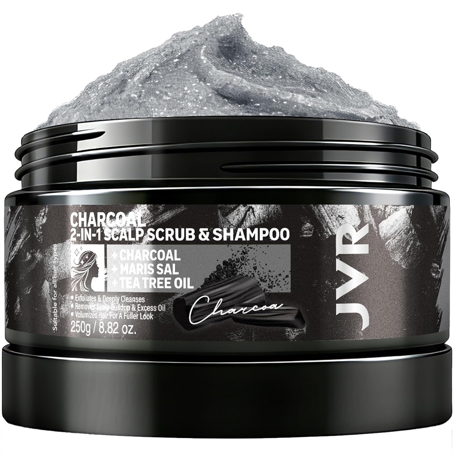 JVR Scalp Scrub Shampoo Charcoal 2-In-1 Scalp Exfoliator to Clarify Build Up, Dexofiy & Purify Cleanser for Shine & Hydration – Sea Salt, Tea Tree Oil, Vegan & Cruelty Free for Dry or Oily Scalp 8.8oz