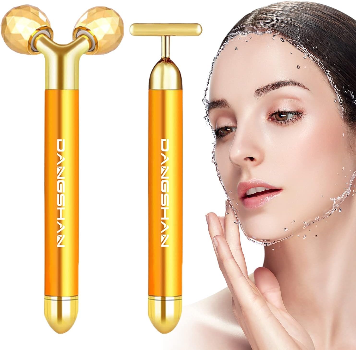 DANGSHAN 2-in-1 Electric Face Massager 24k Golden Facial Massager, 3D Roller and T Shape Facial Roller Massager Kit Skin Care Tools