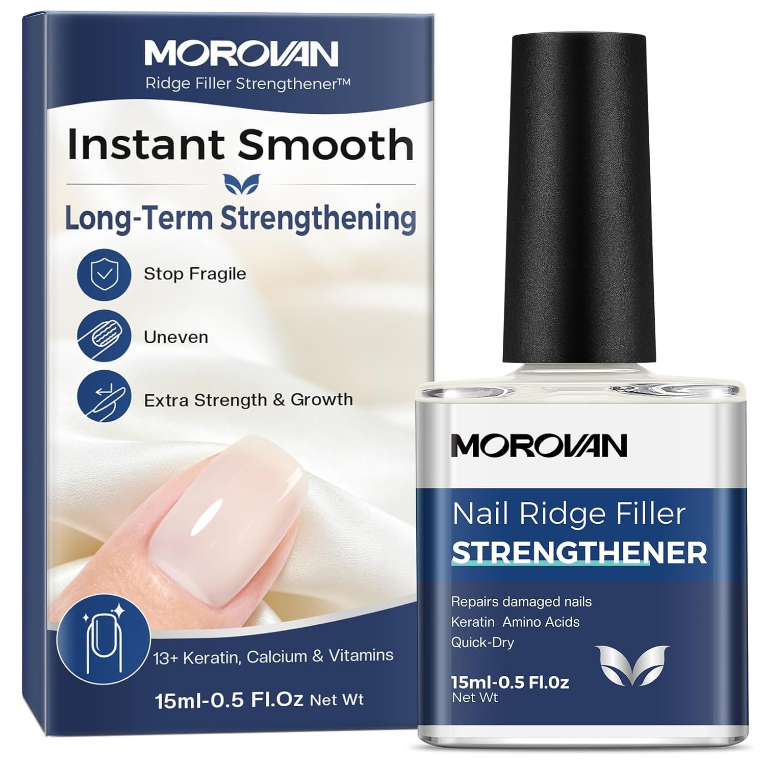 Morovan Nail Strengthener And Hardener: Milky White Ridge Filler Nail Concealer With Keratin For Thin Weak Brittle Nails, Strengthening Polish Repair For Damaged Nails, Air Dry Natural Nail Care 15ml