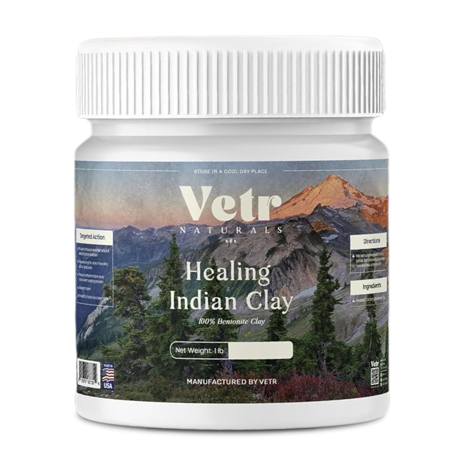 vetr Naturals Healing Indian Clay – Organic Natural Bentonite Clay 1 lb – Deep Pore Cleansing Facial, Hair & Body Mask – 100% Pure Calcium Bentonite for Detox & Skin Care