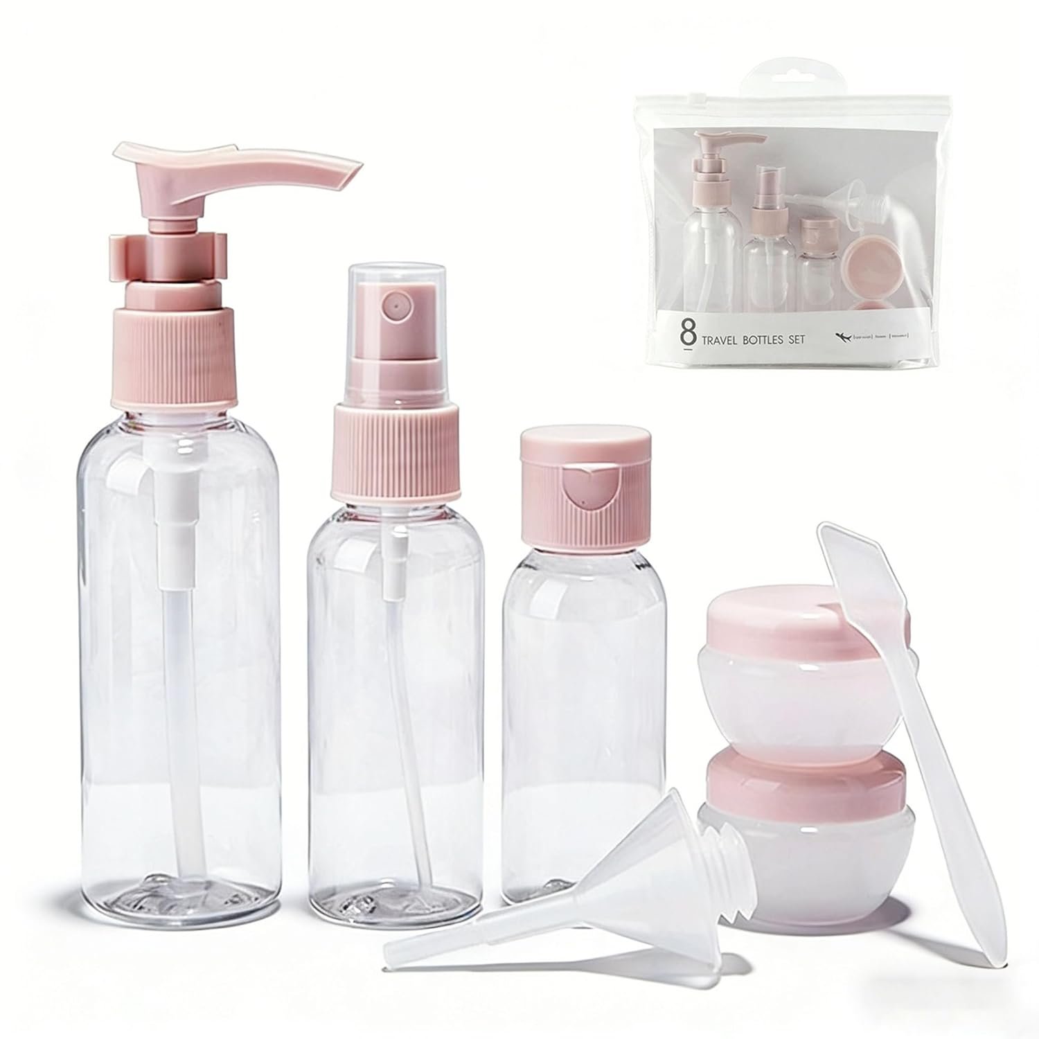 8PCS Travel Size Bottles for Toiletries Pink, Travel Bottles Set, Leak Proof Clear Plastic Travel Containers for Skincare Products Travel Kit For Woman Man