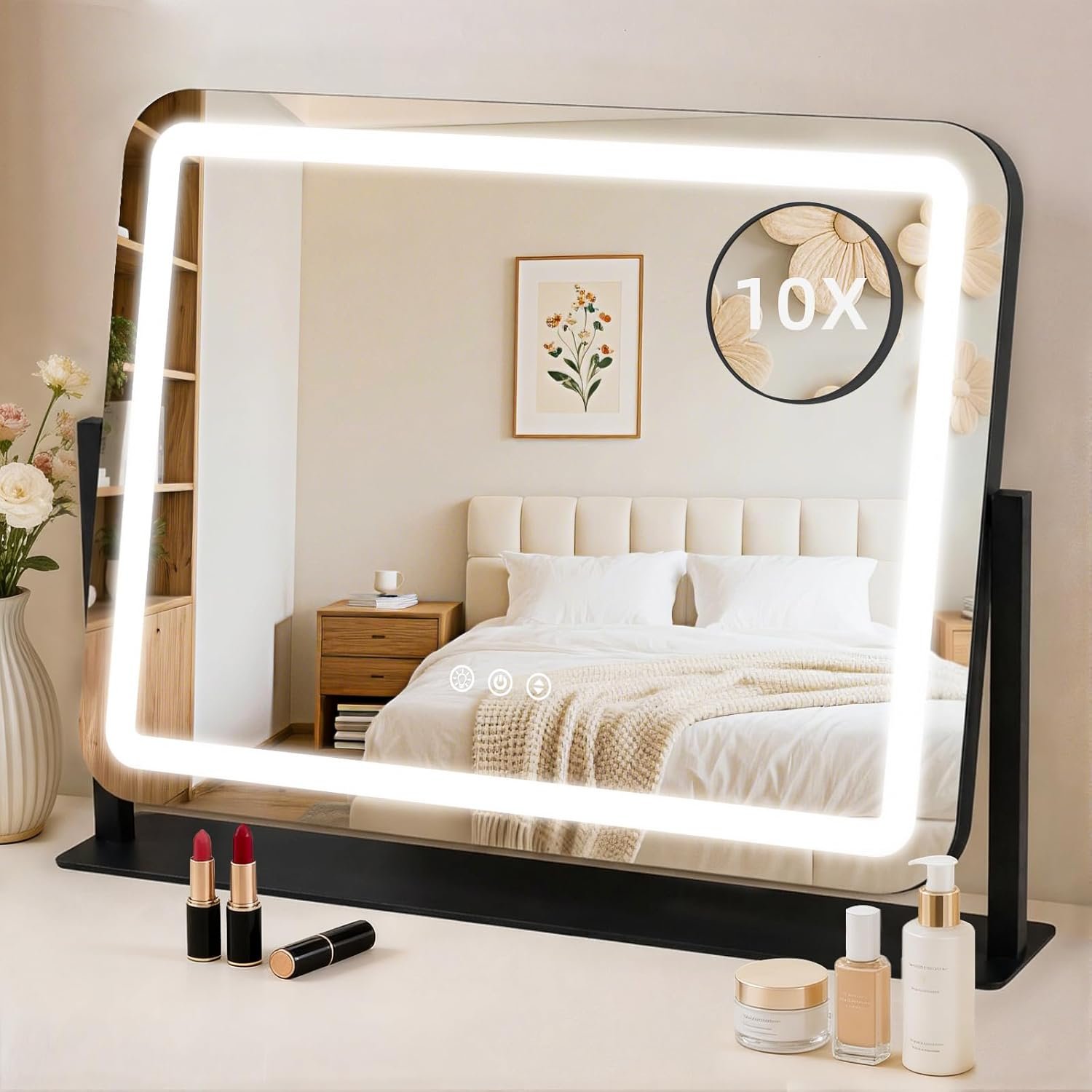 Vanity Mirror with Lights 22″x17″, Lighted Makeup Mirror with 10X Magnification, 3 Color Dimmble Lights, Touch Control, 360° Rotation, Metal Frame, Women’s Gift, For Bedroom/Dressing Room, Black