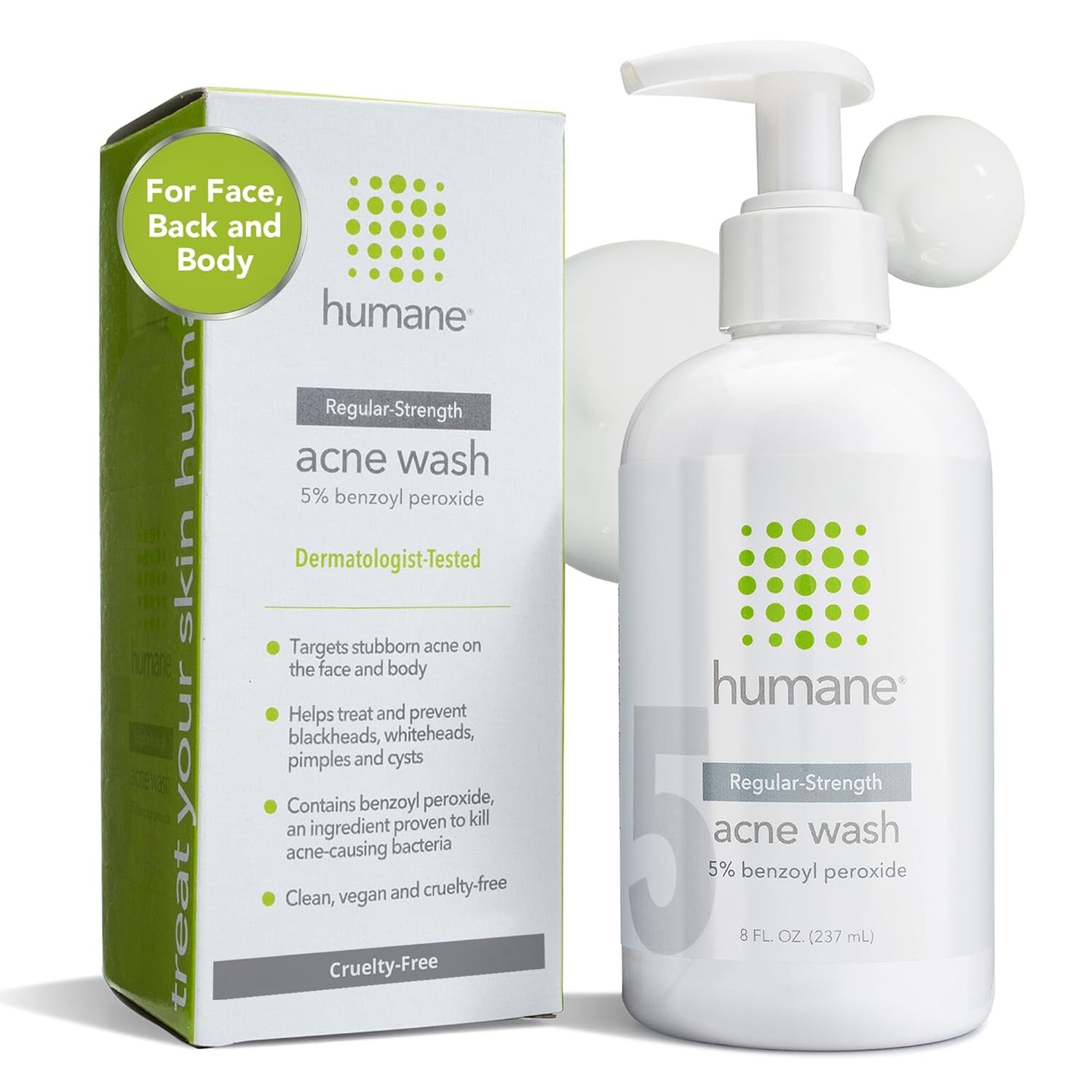 humane Benzoyl Peroxide Face Wash – 5% Regular-Strength Acne Face Wash For Skin, Back & Body – 8 Fl Oz – Dermatologist-Tested Non-Foaming Cleanser – Benzoyl Peroxide Acne Treatment – Cruelty-Free