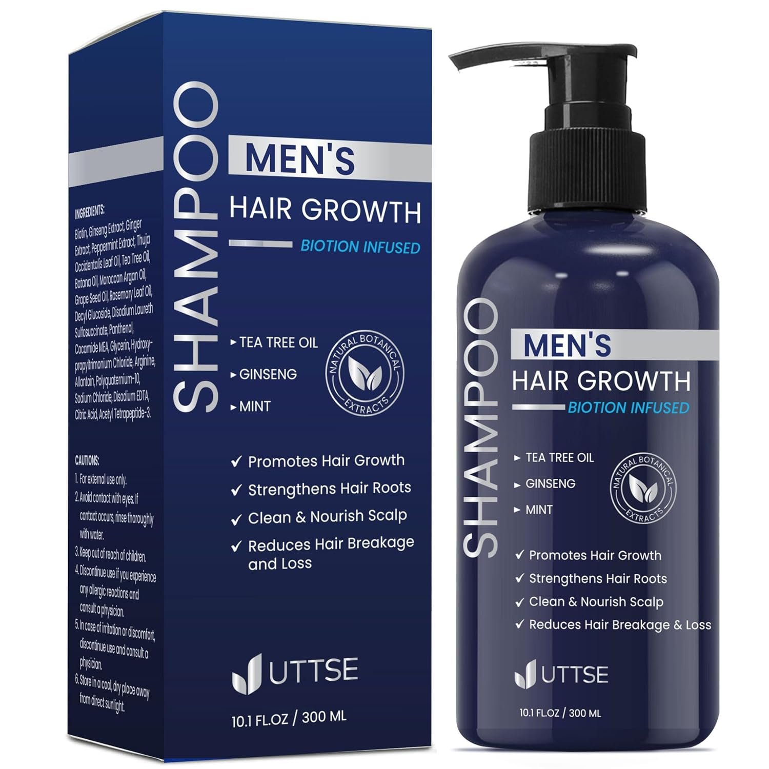Uttse Biotin Hair Growth Shampoo for Men: Natural Thickening Shampoo with Tea Tree Oil Ginseng Mint for Hair Loss and Thinning Hair – 10.1 fl.oz, Dark Blue