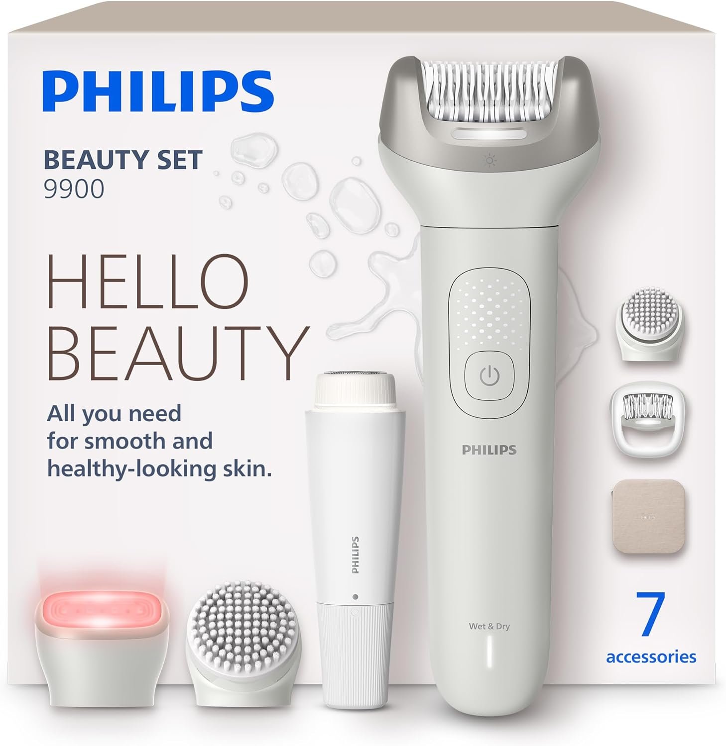 Philips Beauty Set – All-in-One Set for Body and Face, Cordless Wet and Dry Use, for Hair Removal, Body and Skincare, Epilator with 7 Accessories, Model BRE738/00