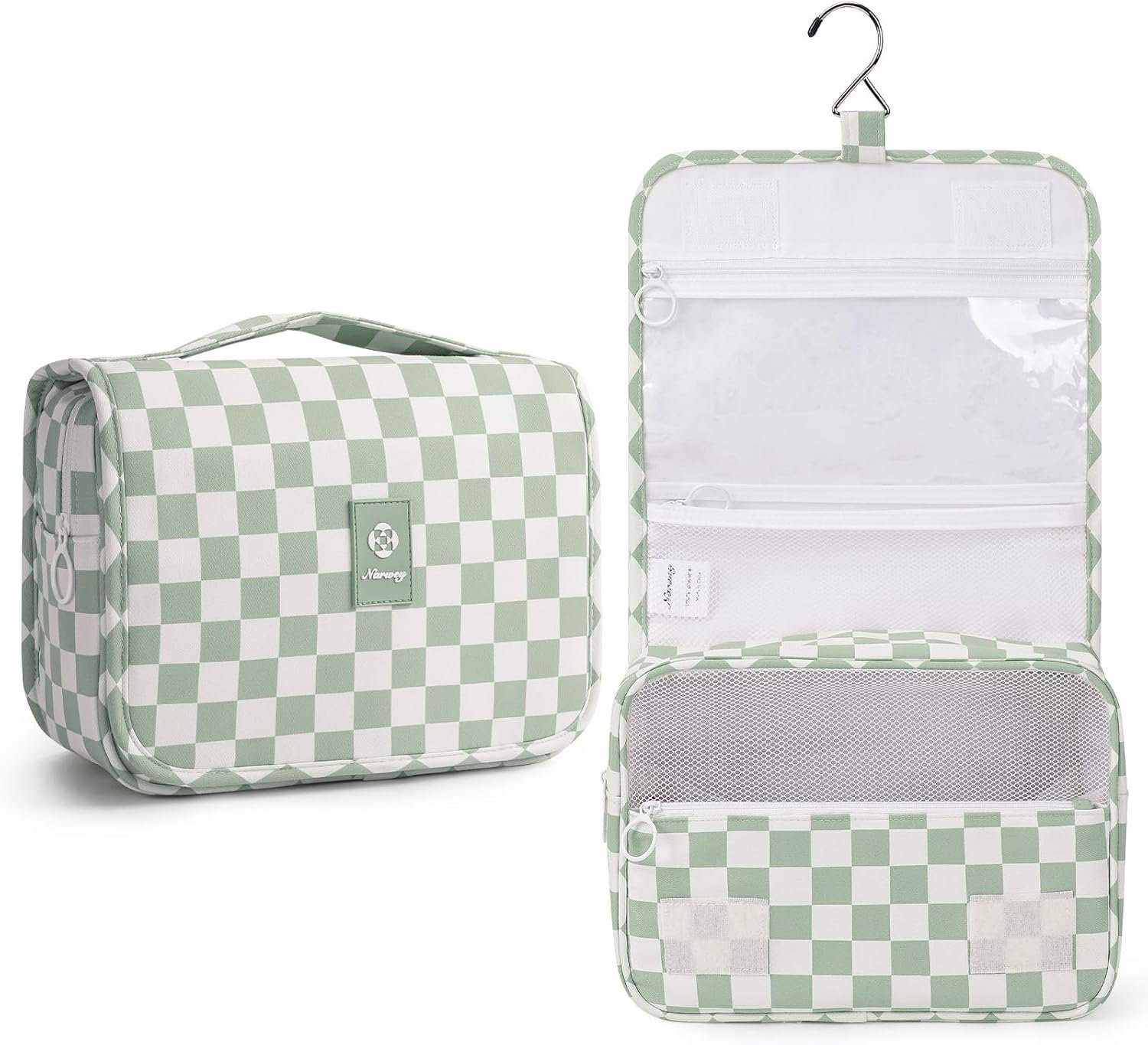 Narwey Small Hanging Travel Toiletry Bag for Traveling Women, Checkered Travel Bag for Toiletries, Makeup Bag Organizer Make Up Cosmetic Bags, Gifts for Kids Teen Girls (Mint Green Checkerboard)