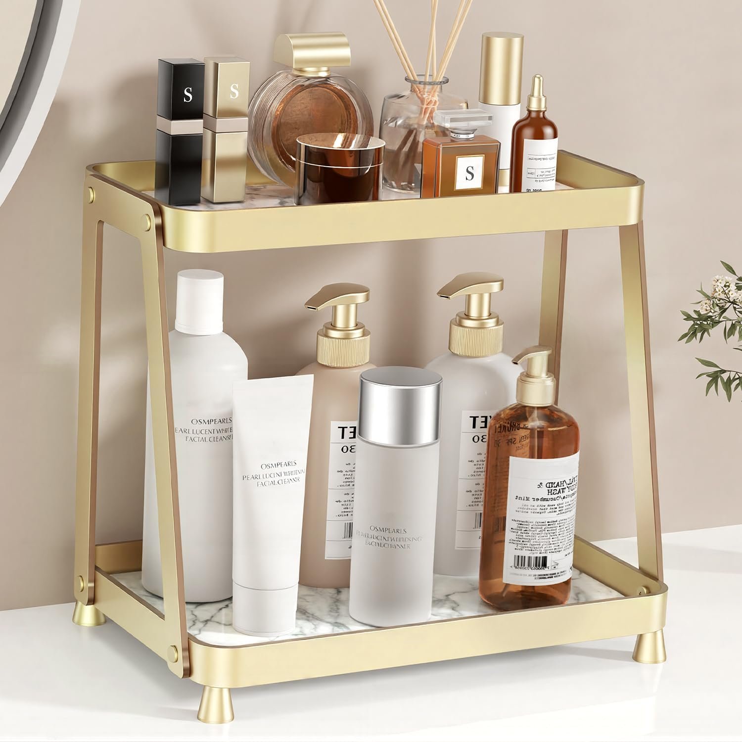 Bathroom Counter Organizer – 2-Tier Acrylic Makeup Organizer Countertop with Marble Tray, Perfume Organizer & Vanity Organizer, Makeup Tray Shelf for Skincare, Cosmetics Display, Gold