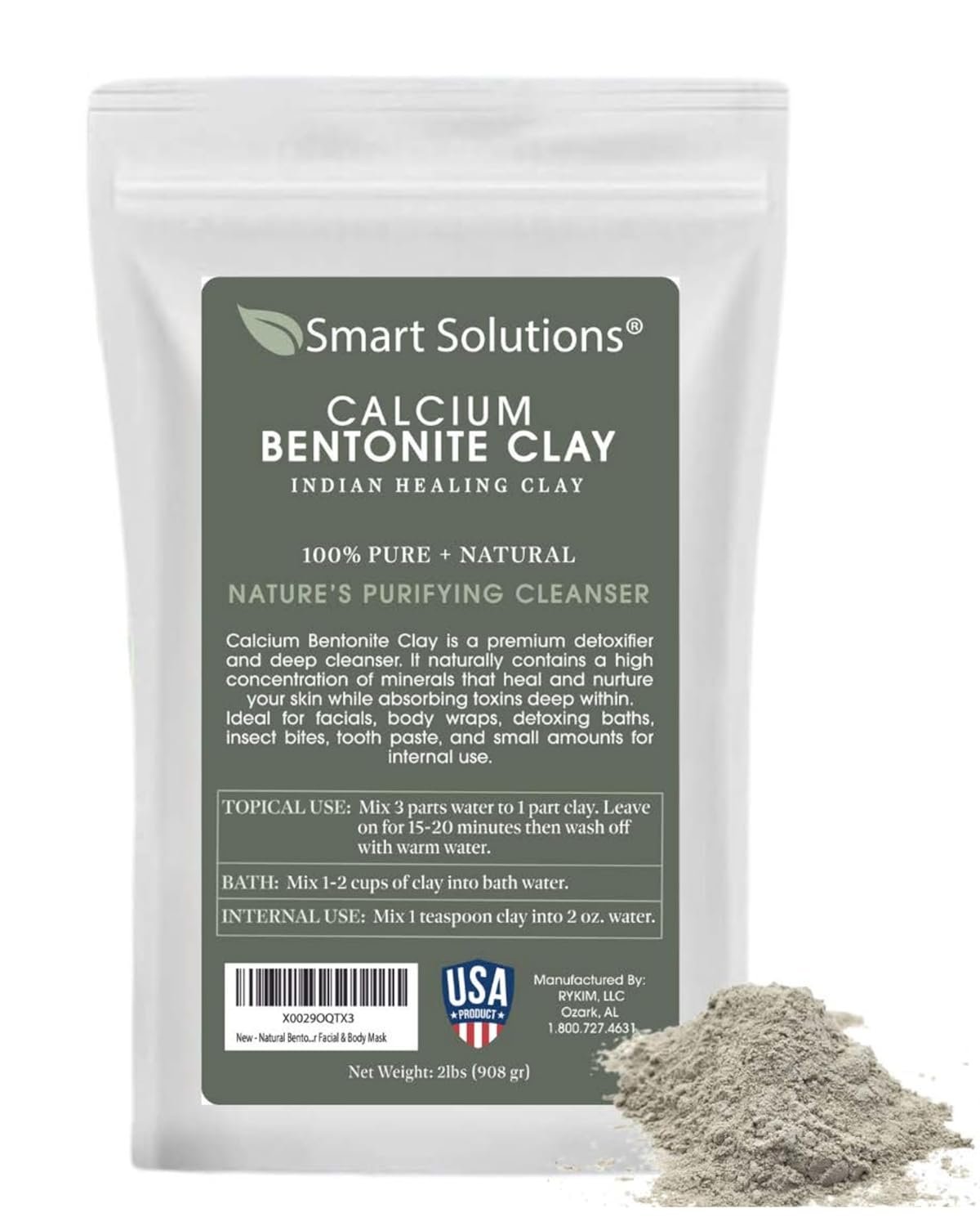 SMART SOLUTIONS Calcium Bentonite Clay, 2 lb Pure Indian Healing Clay – All Natural for External Use | DIY Facial Treatments, Deodorants, Hair Masks
