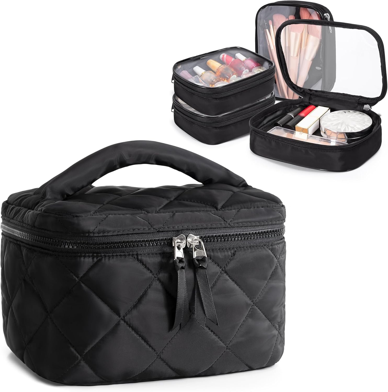 Travel Makeup Bag with 4 Clear Cases, Large Quilted Cosmetic Organizer for Women, Puffy Storage Bag for Cosmetics, Photos or Pill Bottles, Black (Empty Bag)