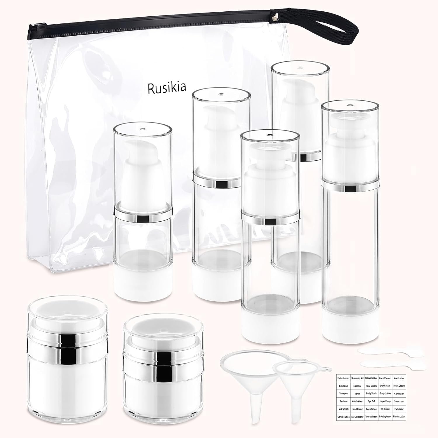 13 Pack Big Travel Size Containers, Airless Pump Bottles Jar Kit | 1.7 1 0.5oz, Clear, TSA Approved, Leak Proof, Refillable, Jars for Travel Home Toiletries, Lotion, Liquid, Cream