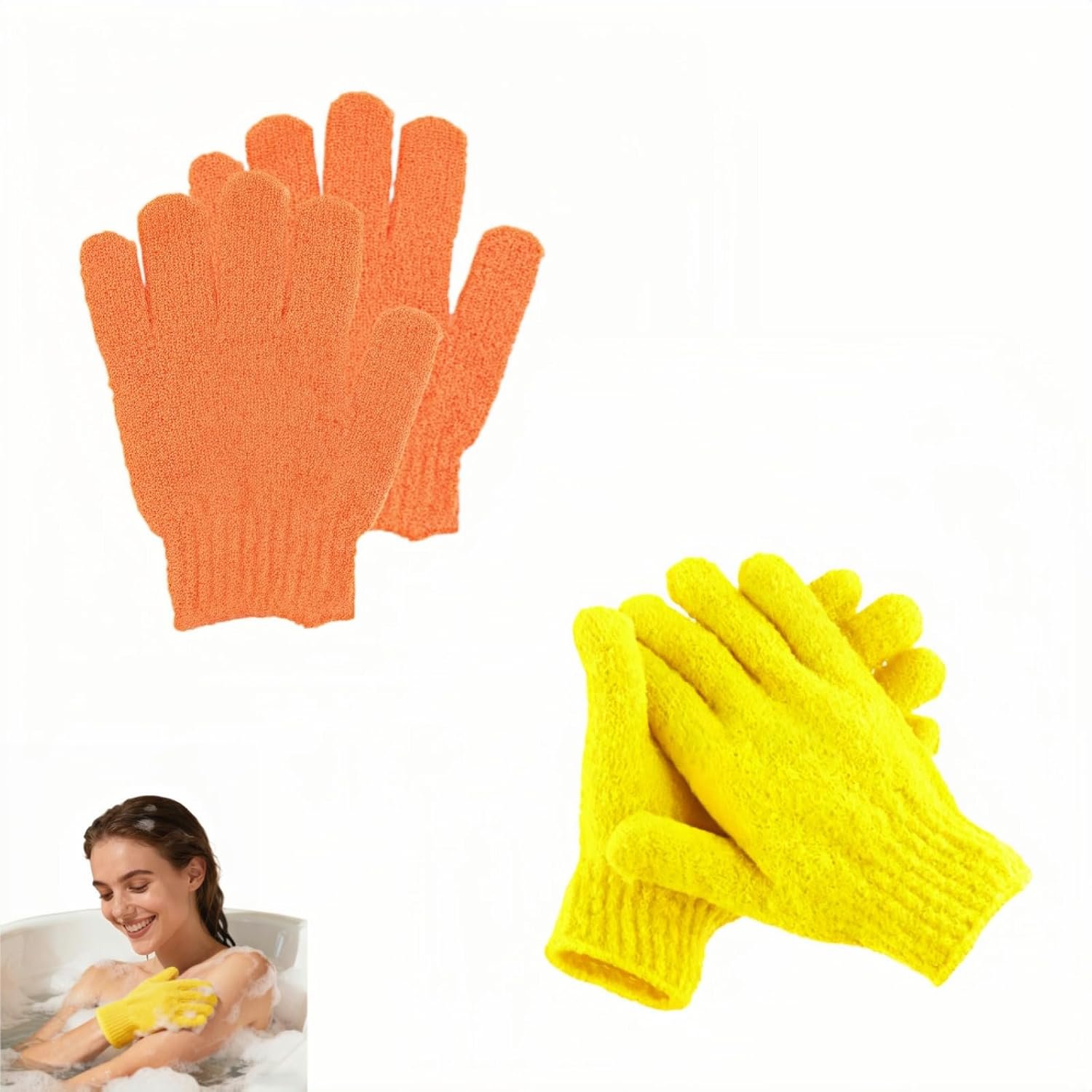 Exfoliating Shower Gloves, 2 Pairs Reinforced Nylon Bath Scrubbing Mitts, Orange and Yellow, One Size Fits All, Body Cleansing Massage