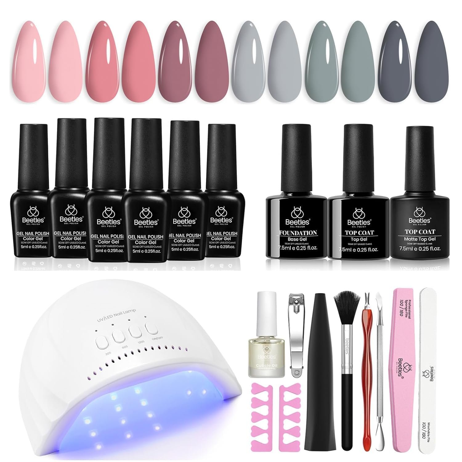 Beetles Gel Nail Polish Kit with Uv Light – 6 Colors Nude Gray Pink Gel Polish Starter Kit Manicure with Base Top Coat Soak off Led Salon DIY at Home Gifts for Women