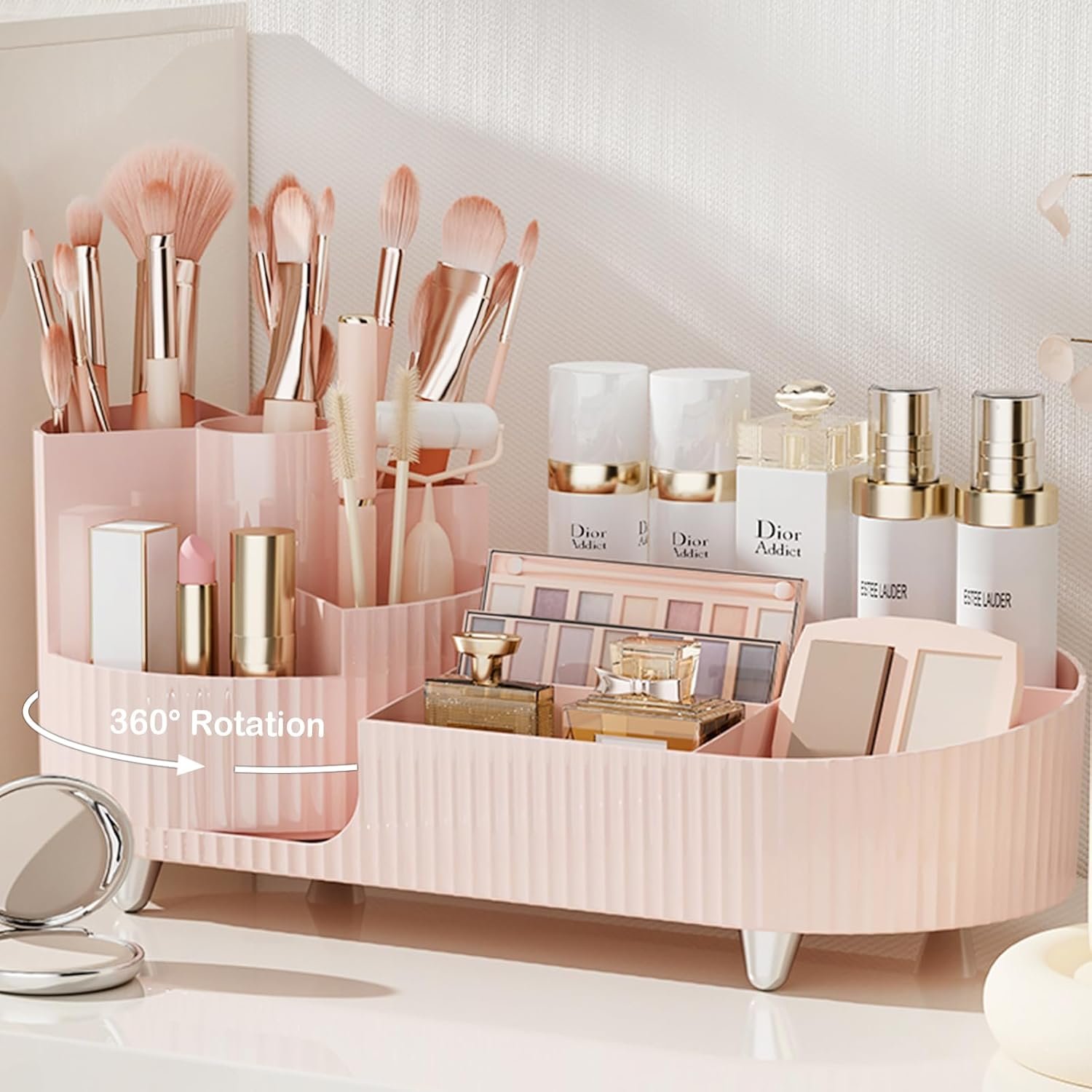 Pink Rotating Vanity Organizer with Brush Holder – Large Spinning Cosmetic Storage, Countertop Makeup & Skincare Organizer, Perfume & Lotions Display Case