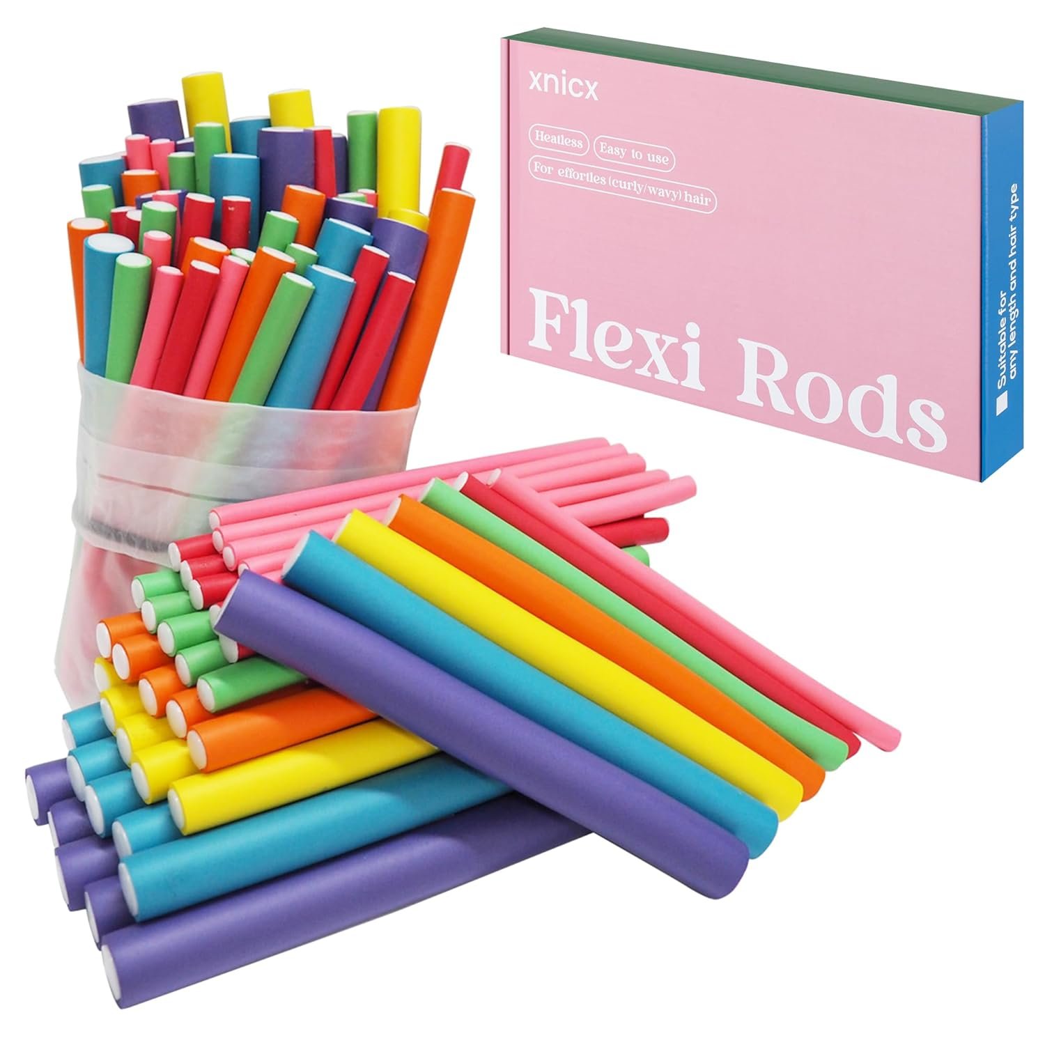 47 pcs 7” Hair Curlers Rollers Flexi Rods Flexible Curling Rods Set No Heat Heatless Bendy Foam Hair Curls for Long,Medium,Short Hair to Sleep in