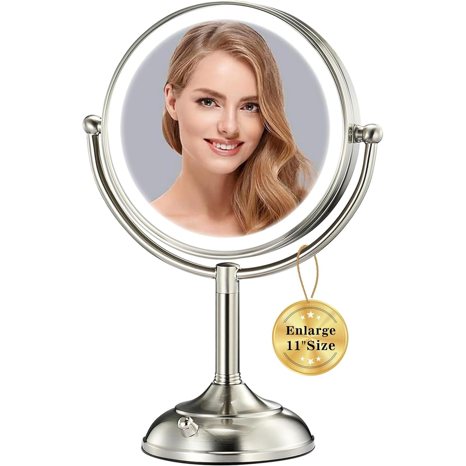 VESAUR 11.8″ Extra Large 17″ Tall Lighted Makeup Mirror, 1X/5X/10X 3-Sided Magnifying Mirror with 96 LEDs, 3 Color Dimmable Lights, 360° Swivel Dual Power Vanity Mirror, Nickel Finish Luxury Gift Box