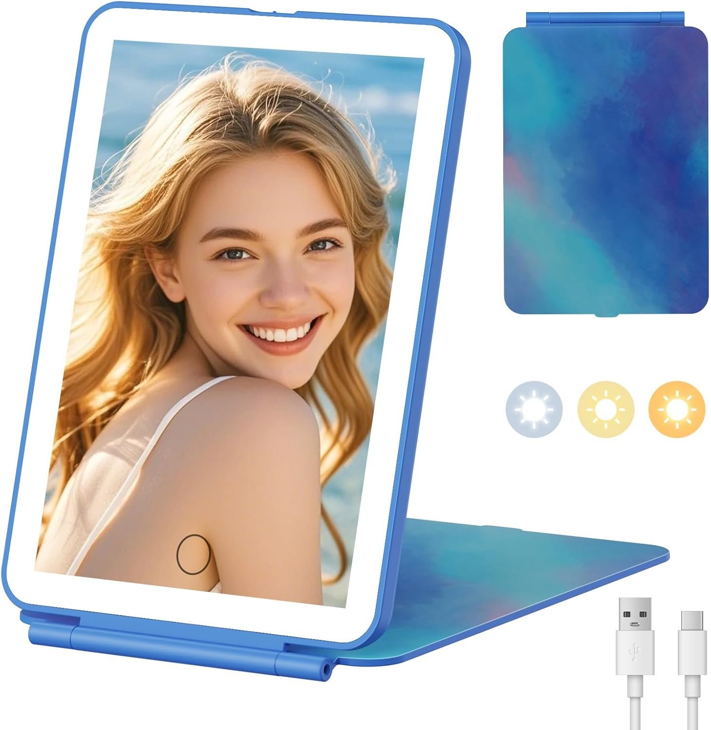 FUNTOUCH Rechargeable Travel Makeup Mirror with Light, 2000mAh Portable Makeup Mirror with 3-Color Lighting, Dimmable Touch Screen, Tabletop LED Folding Cosmetic Compact Vanity Mirror