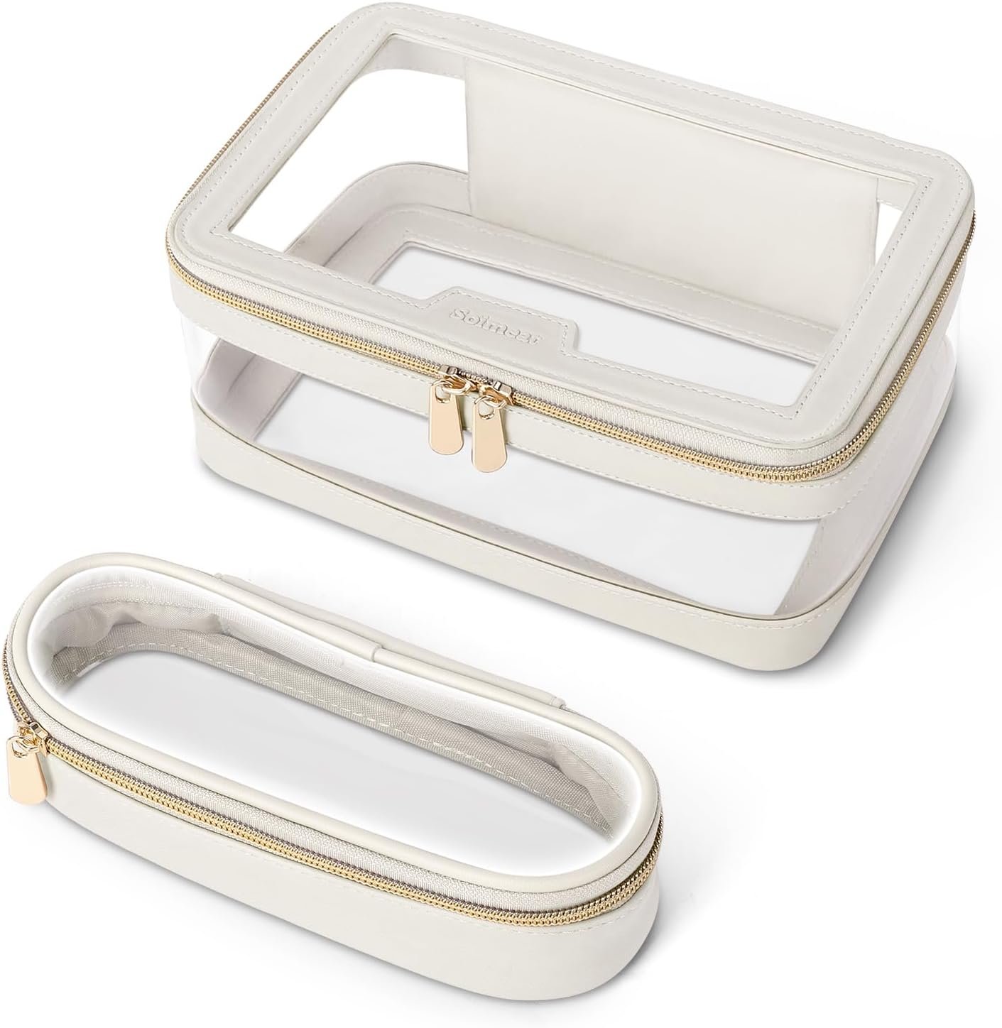 Soimeat Travel Clear Makeup Bag with Makeup Brush Bag, Leather Makeup Case Toiletry Bag, Portable Cosmetic Bag Case, Transparent Waterproof Cosmetic Organizer Storage Bag for Women, Medium, Off-White