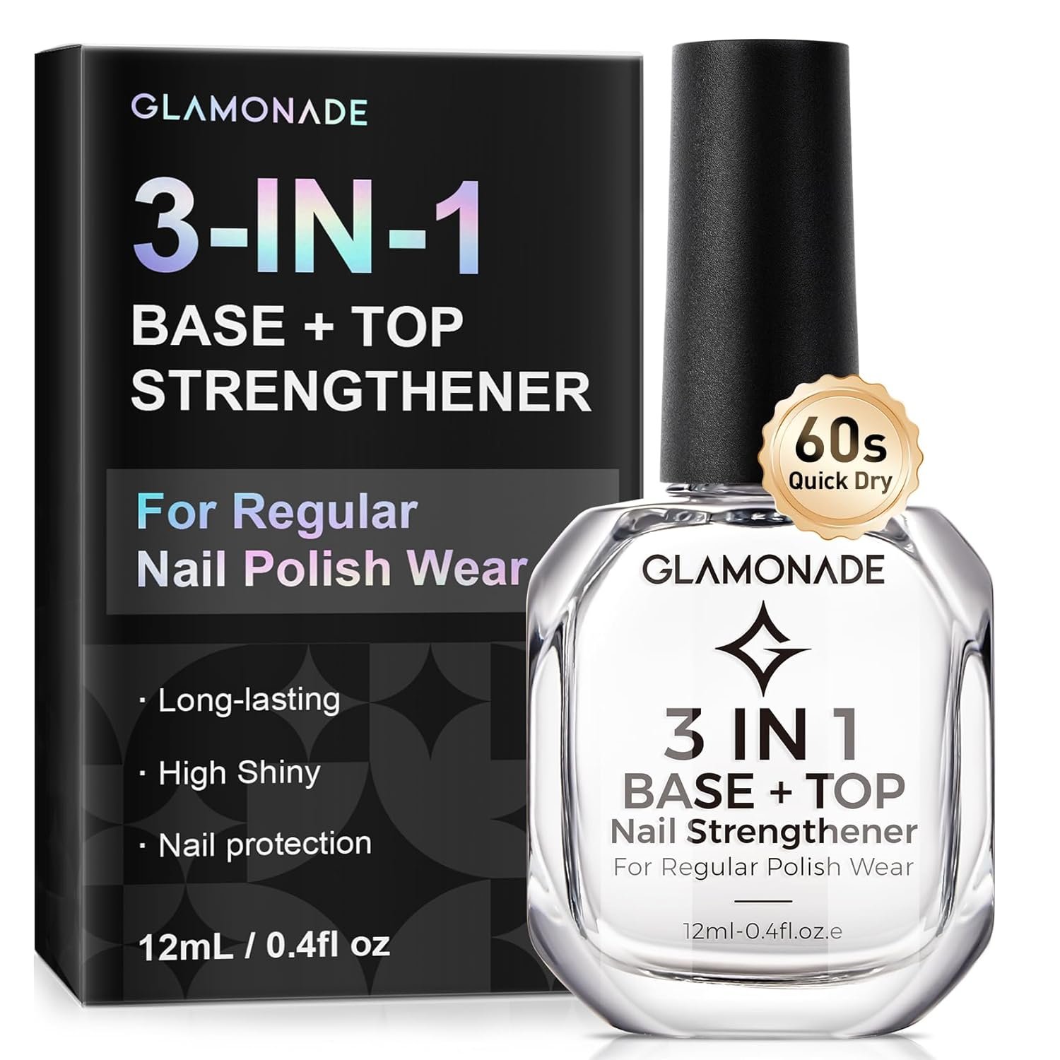 Glamonade 3-In-1 Clear Nail Polish: Quick Dry Top Coat Prevent Staining Base Coat & Nail Strengthener, High Gloss Long Lasting No Chip Shield, Nail Hardener for Weak Nails, DIY Manicure for Women 12ml