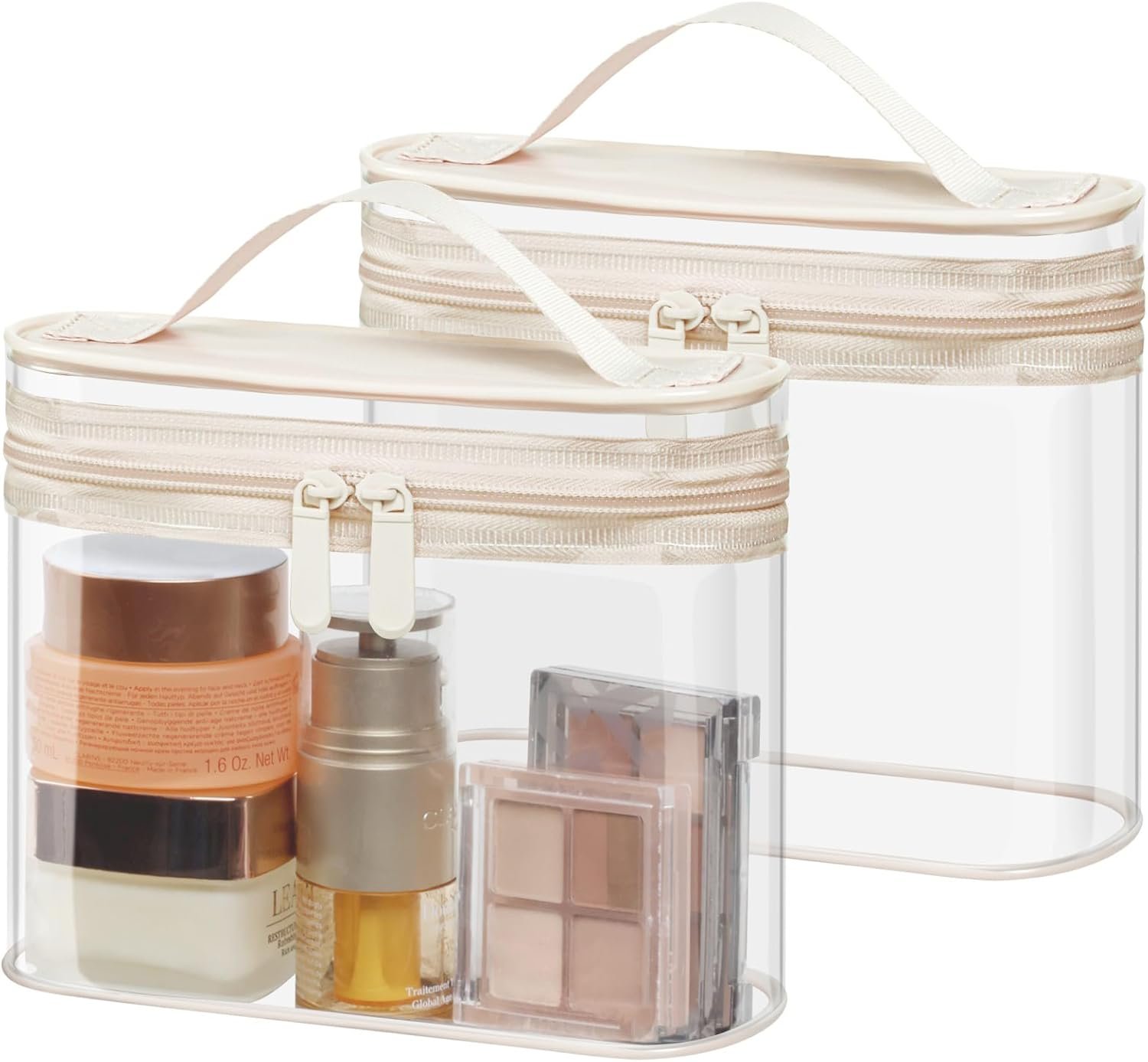 PACKISM TSA Approved Toiletry Bag 2 Pack – Quart Size Clear Makeup Bag with Handle & Dual Metal Zippers, Large Opening 3-1-1 Airline Compliant Security Travel Organizer for Carry On Liquids, Beige