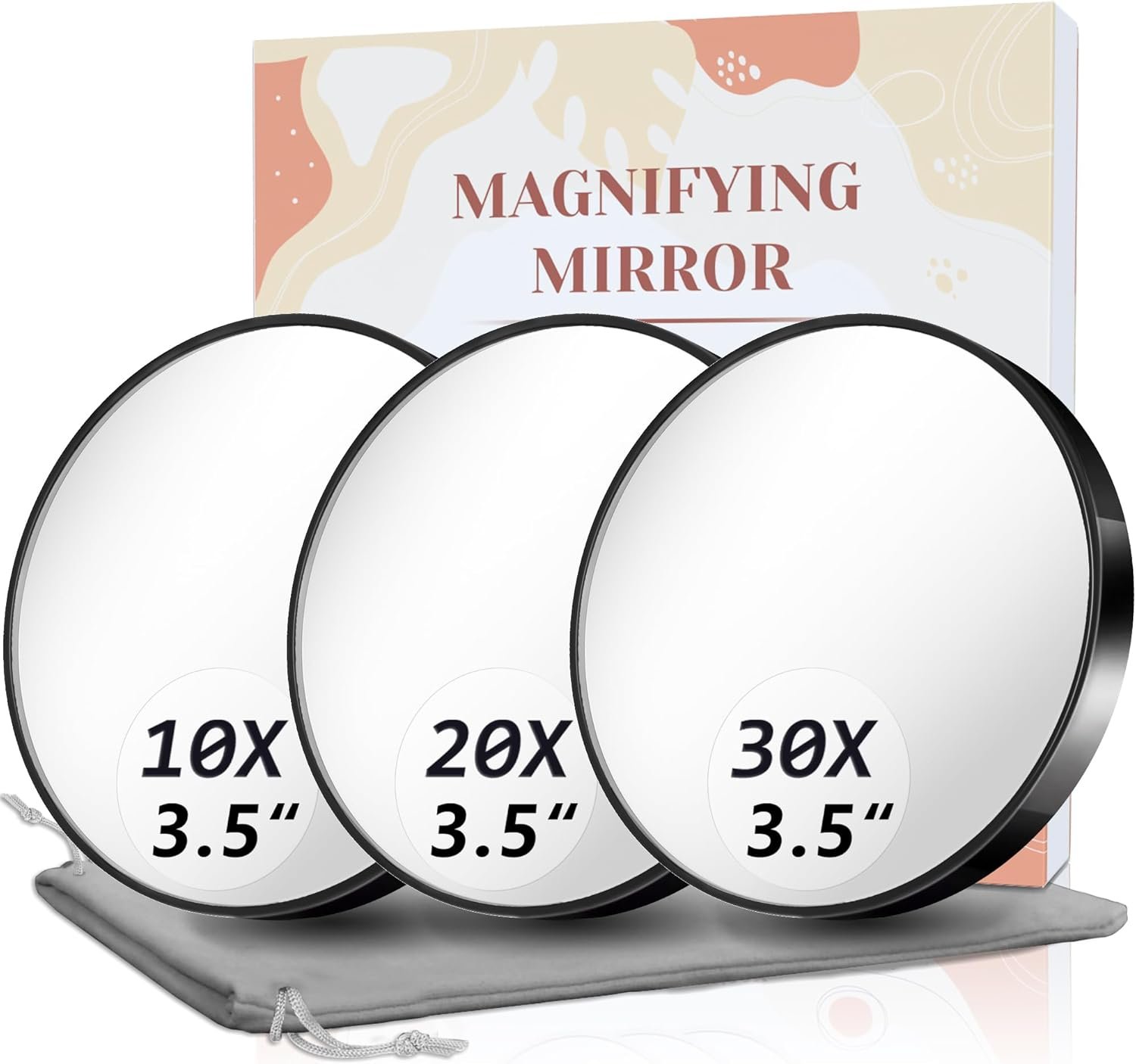 Magnifying Mirror, 10X & 20X & 30X Set, Magnified Mirrors 3.5″ with Two Suction Cups, Travel Magnifying Mirror Set Comes with Portable Storage Bag, Compact Small Magnified Mirrors for Travel(Black)