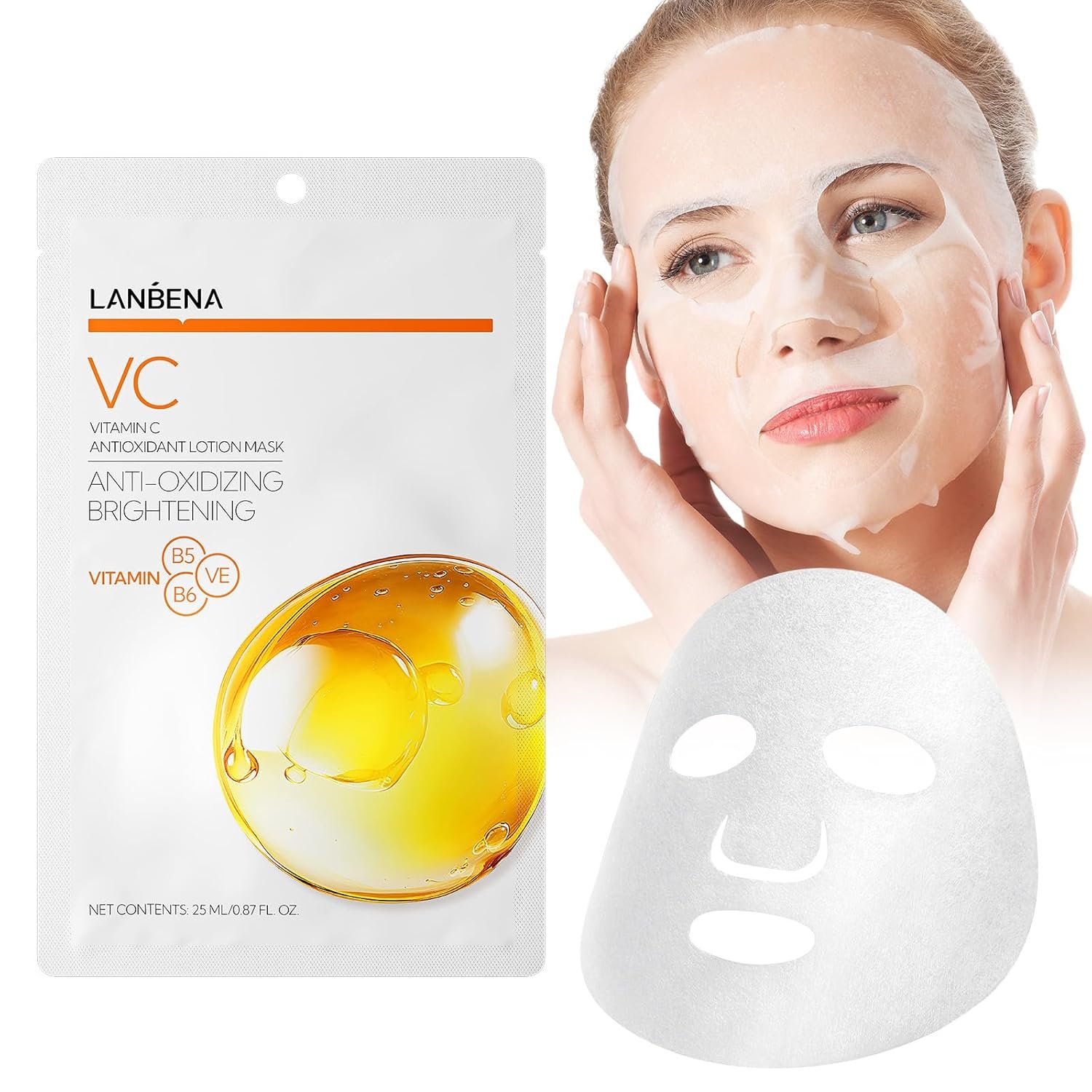 LANBENA VITAMIN C Hydrating Sheet Masks Brightening Firming Anti Aging – Overynight Hydrating Face Mask for All Skin Types Moisturizing Spa Skincare -1 Pack