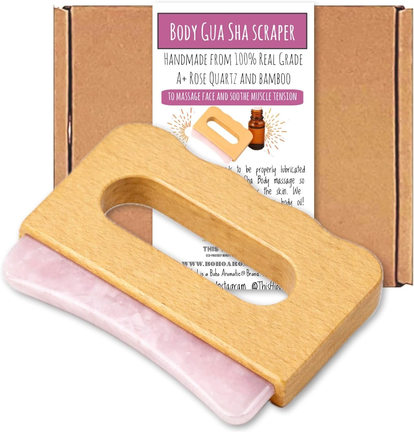This Hippie Girl Rose Quartz Body Gua Sha Tool with Wooden Handle – Natural Crystal Scraper for Lymphatic Drainage, Fascia Release, Cellulite Massage & Muscle Recovery