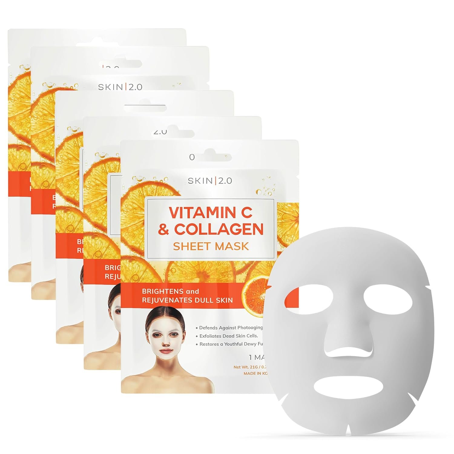 Skin 2.0 Vitamin C & Collagen Sheet Mask – Anti-Aging, Wrinkle & Age Spot Reducer, Hydrating & Moisturizing – Dermatologist Tested Korean Skincare, Clean Beauty, Cruelty-Free, All Skin Types – 5 Masks