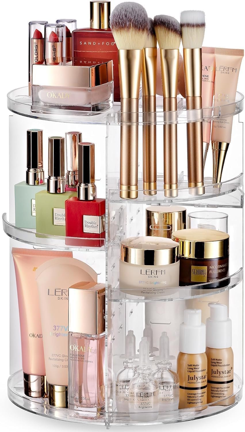 Masirs 360 Rotating Makeup Organizer Countertop – Adjustable Shelf Height – The Perfect Round Spinning Cosmetic Organizer for Bedroom Dresser or Vanity Countertop Storage (Clear)