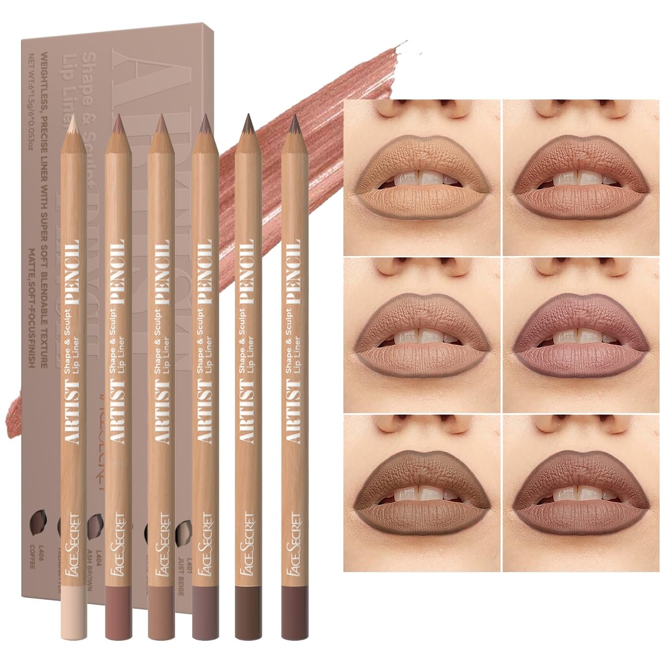 Beauty Glazed 6pcs Nude Brown Lip Liner Makeup Set – Waterproof & Smudge-Proof Matte Pencil, Long-Lasting & Durable, Smooth & Easy Glide, Non-Smudge, Contouring, Filling & Layering (NUDE-BROWN Set)