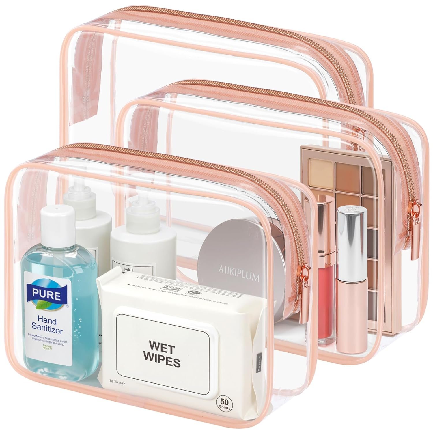 PACKISM TSA Approved Toiletry Bag – Clear Makeup Bag 3 Pack Medium, Metal Smooth Zipper Quart Size Bag for 3-1-1 Liquids, Travel Makeup Bag for Women Men, Airport Airline Compliant Bag, Rose Pink