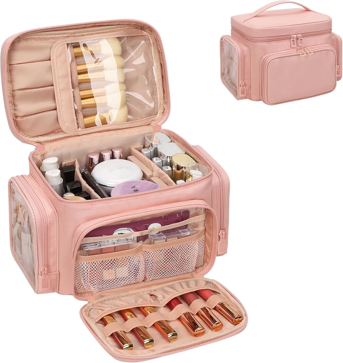Bagmoly Large Makeup Bag, Portable Travel Makeup Bag Organizer for Women Girls with Makeup Brush Compartment & Two Side Pockets, Cosmetic Travel Bag Vertical Storage Toiletry – Pink