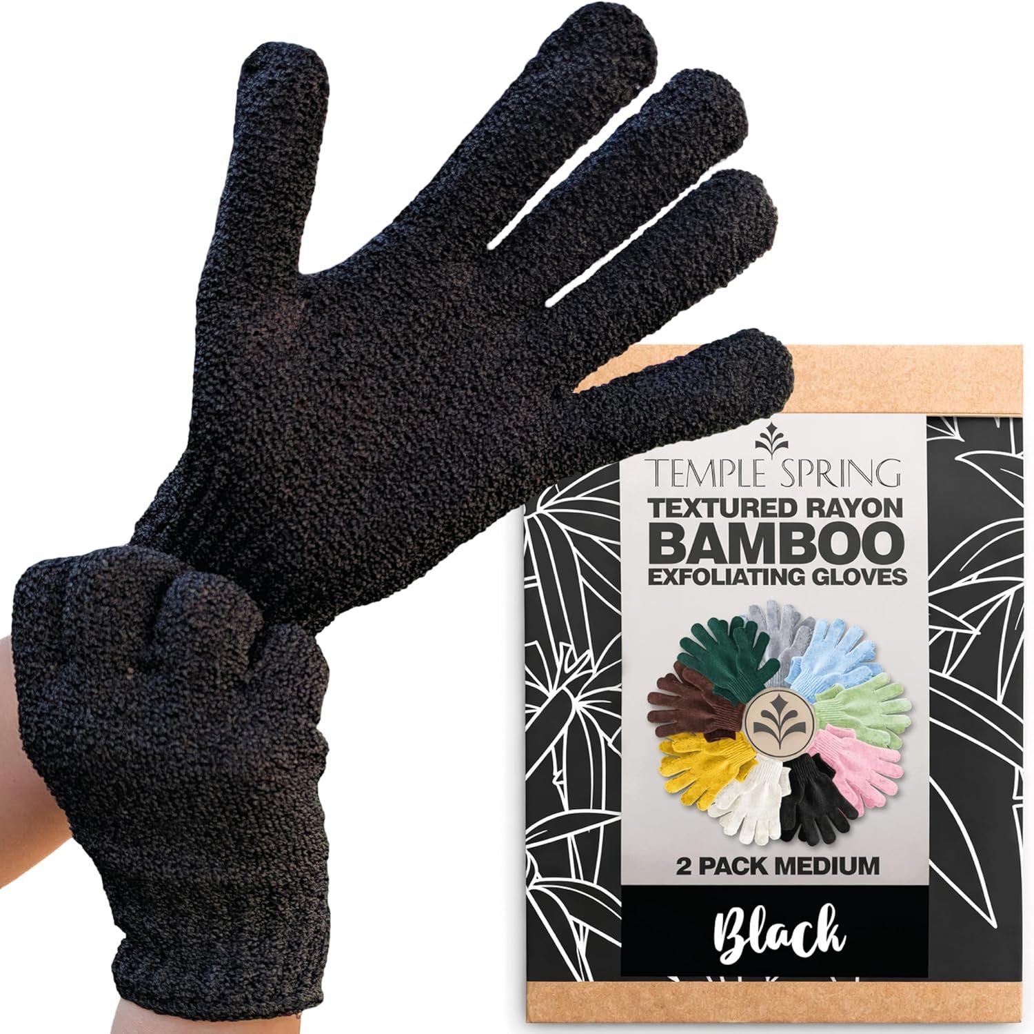 Temple Spring Shower Gloves Exfoliating for Women – Natural Textured Rayon Bamboo Exfoliating Glove with Thicker Weave for Deep Cleansing, Dead Skin Removal & Smooth Radiant Skin (1 Pair, Black)